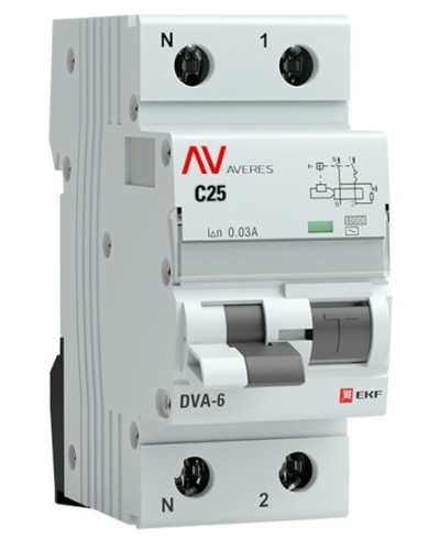DVA-6 1P+N 25А (C) 30мА (AC) 6кА  AVERES (rcbo6-1pn-25C-30-ac-av). Автоматический выключатель дифференциального тока. EKF в Белгороде
