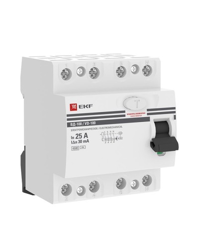 УЗО ВД-100 4P 25А 30мА тип AC эл-мех  PROxima (elcb-4-25-30-em-pro). Выключатель дифференциального тока (УЗО). EKF в Белгороде