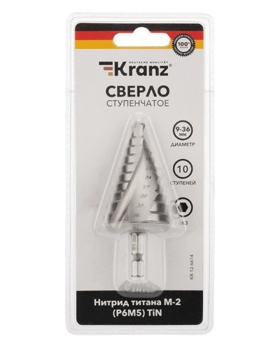 Сверло по металлу ступенчатое ТИТАН 9,0-36,0 мм 110 mm 65 HRC Р6М5 TiN Kranz (KR-12-6614): Сверло по металлу шлифованное в Белгороде