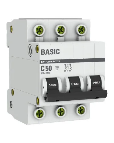 Автоматический выключатель 3P 50А (C) 4,5кА ВА 47-29 Basic (mcb4729-3-50C). Автоматический выключатель. EKF в Белгороде